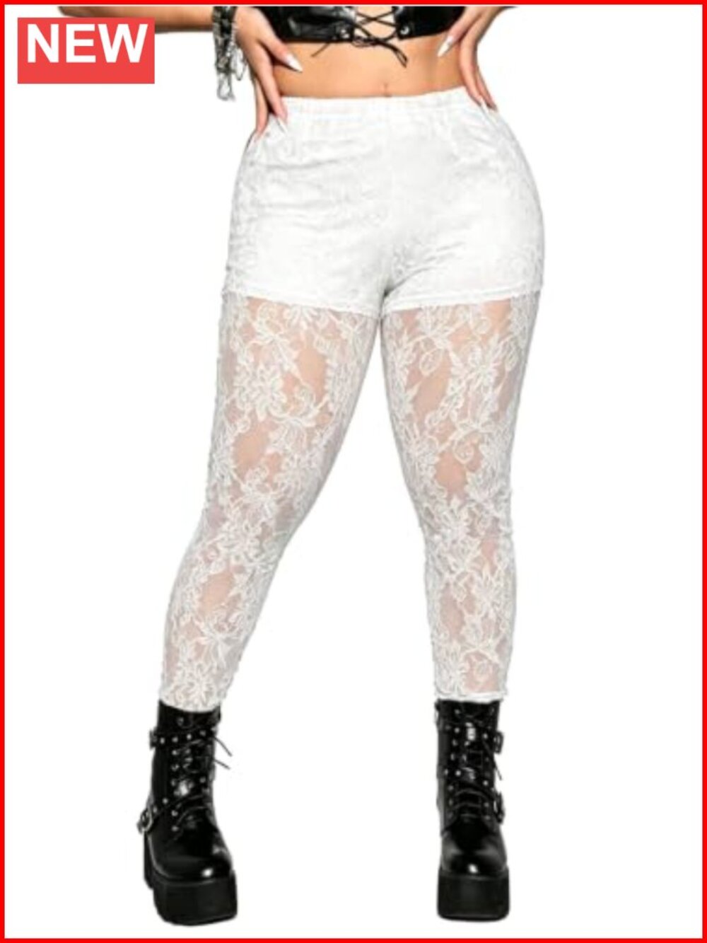 Plus Size Floral Lace Sheer Mesh Mid Waist Leggings Pants Goth Punk